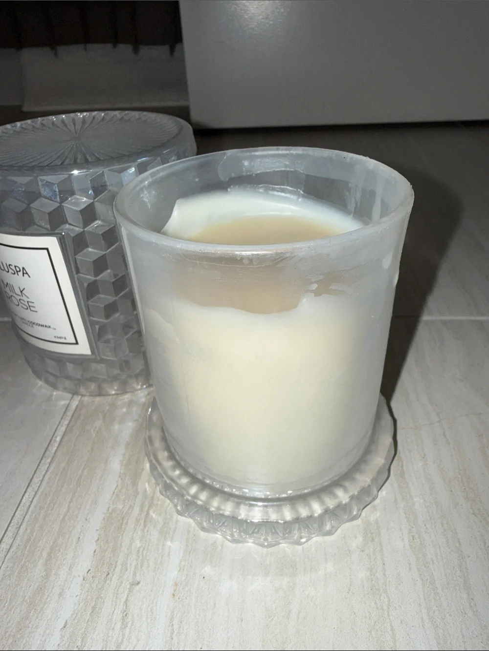 Voluspa Milk Rose Candle in Textured Cream Glass Jar
